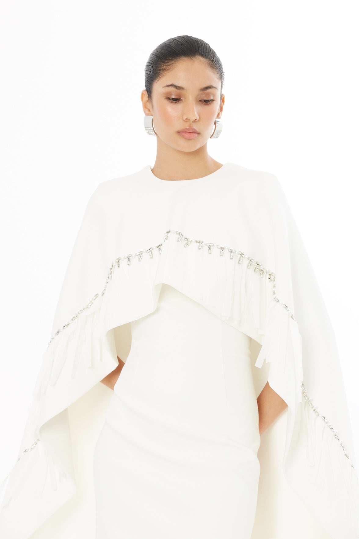 Ecru Embroidered Cape Long Dress