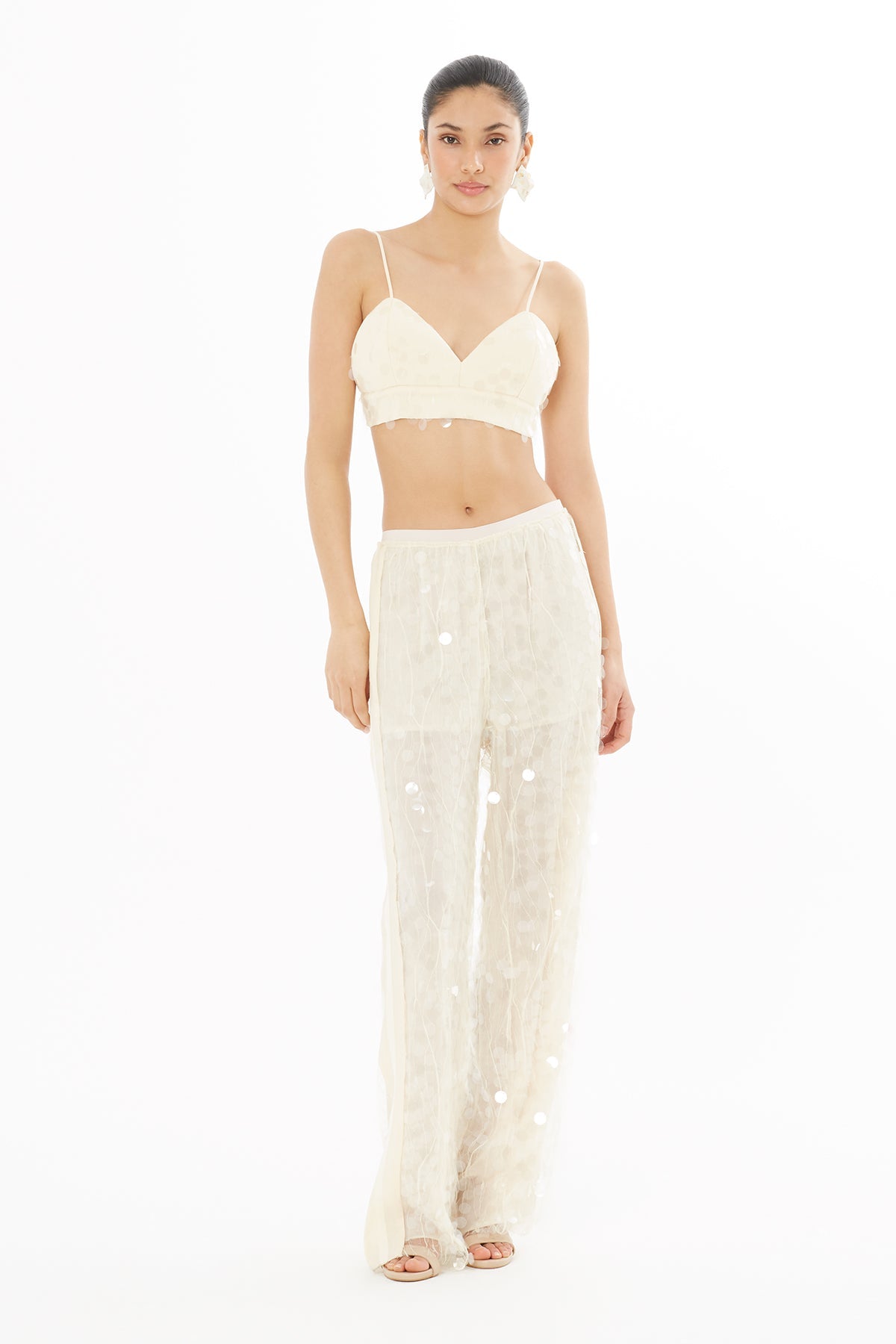 Ecru Sequin-Embellished Trousers