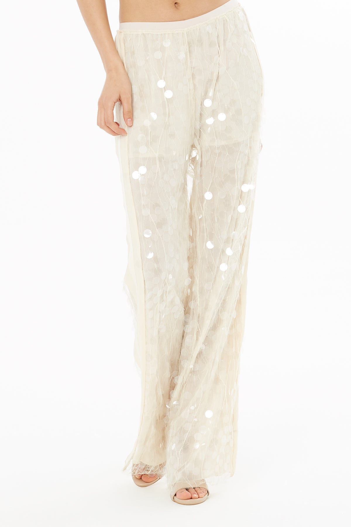 Ecru Sequin-Embellished Trousers