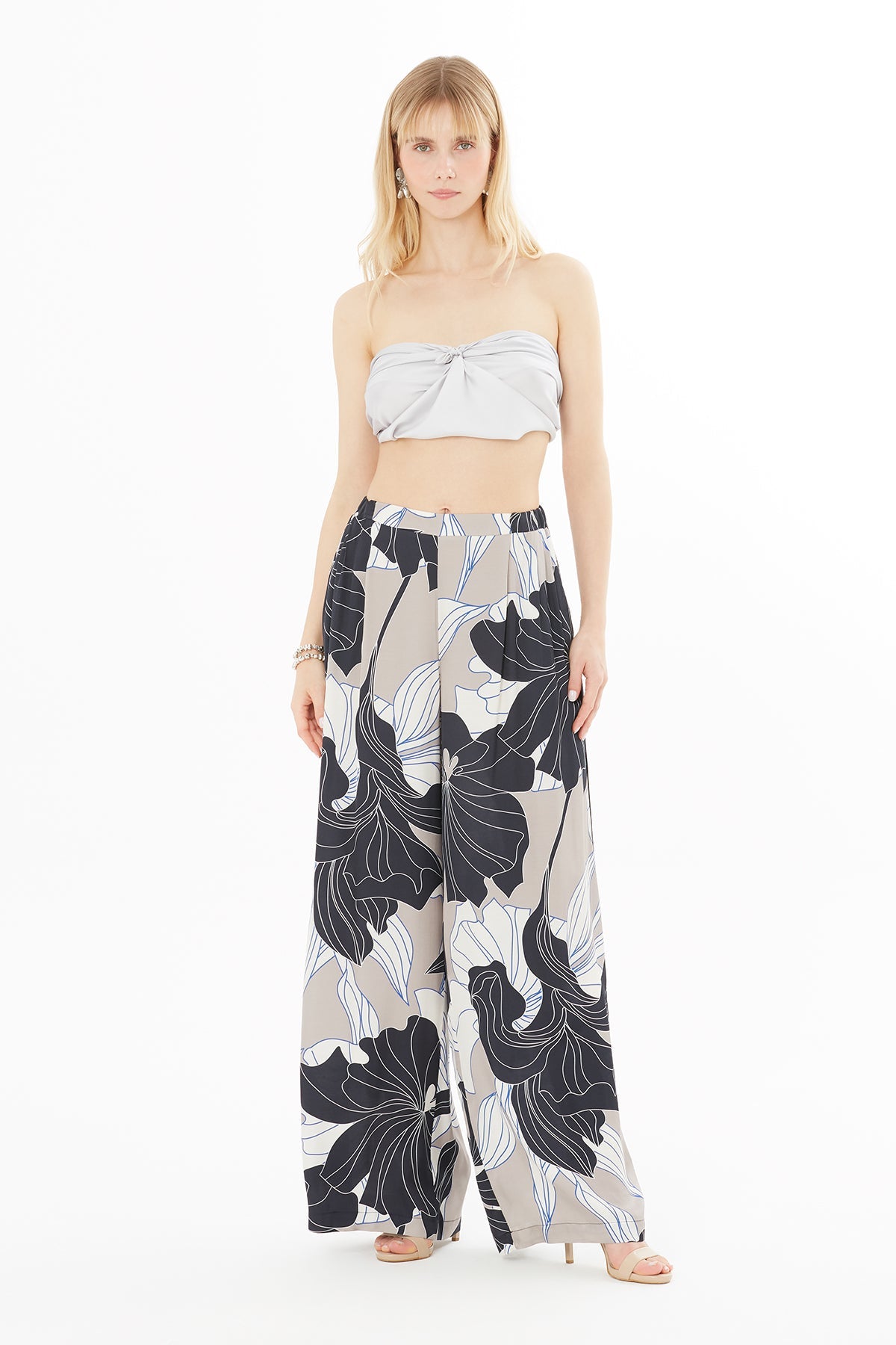 Printed Navy Wide-Leg Trousers