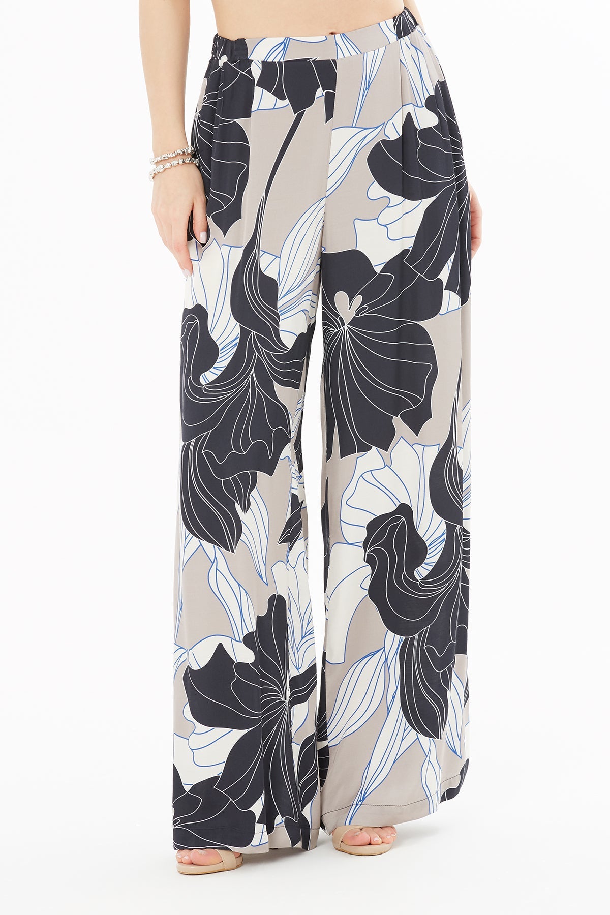 Printed Navy Wide-Leg Trousers