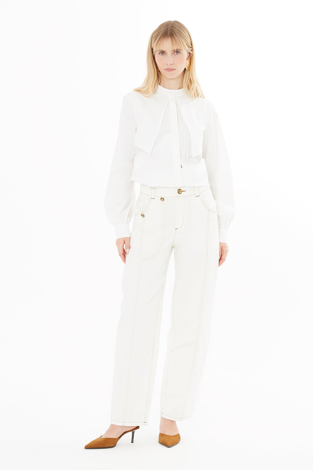 Ecru Trousers with Stitching Detail