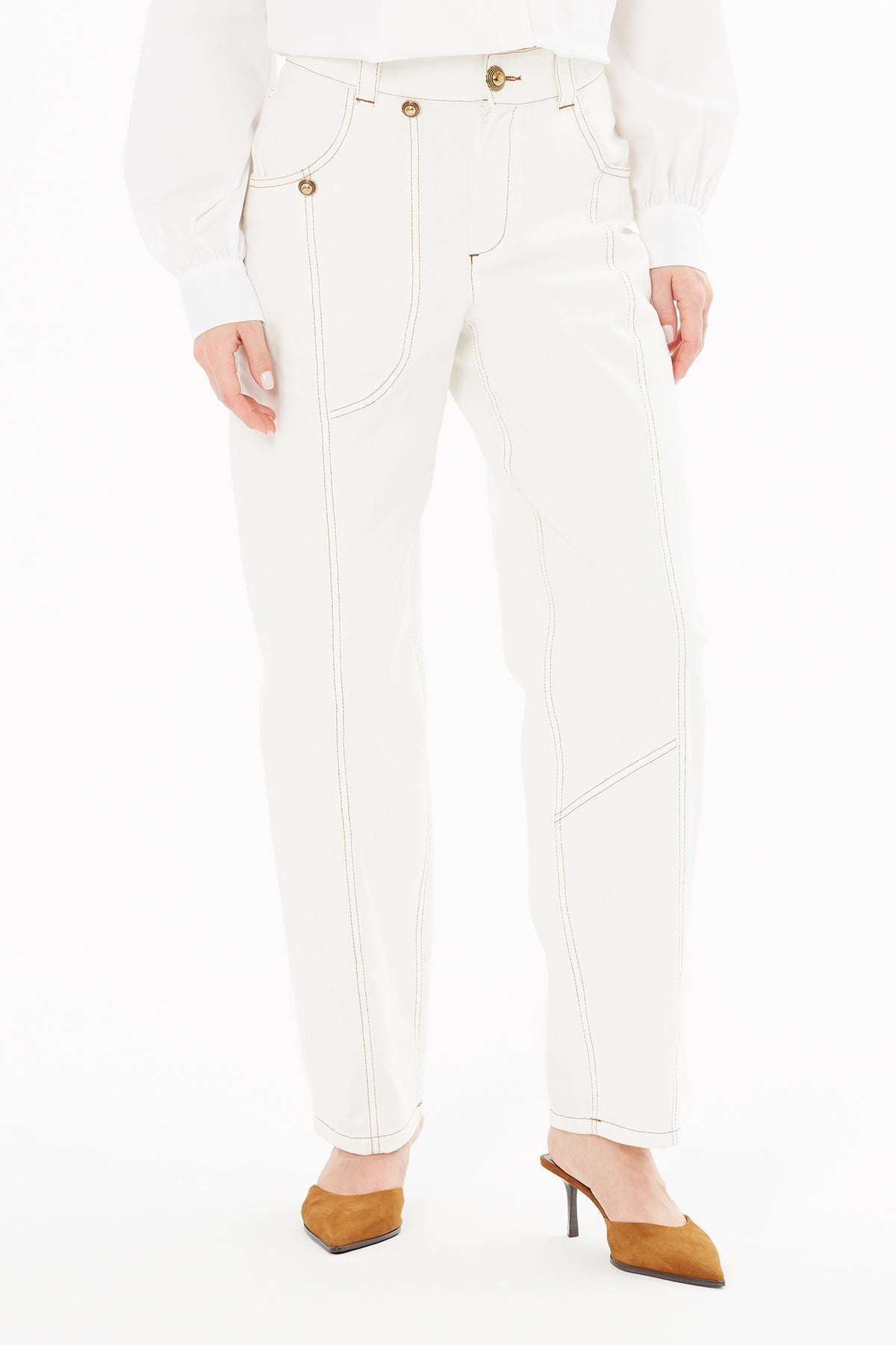 Ecru Trousers with Stitching Detail