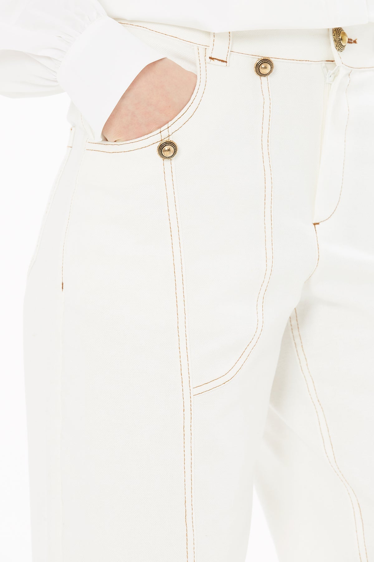 Ecru Trousers with Stitching Detail