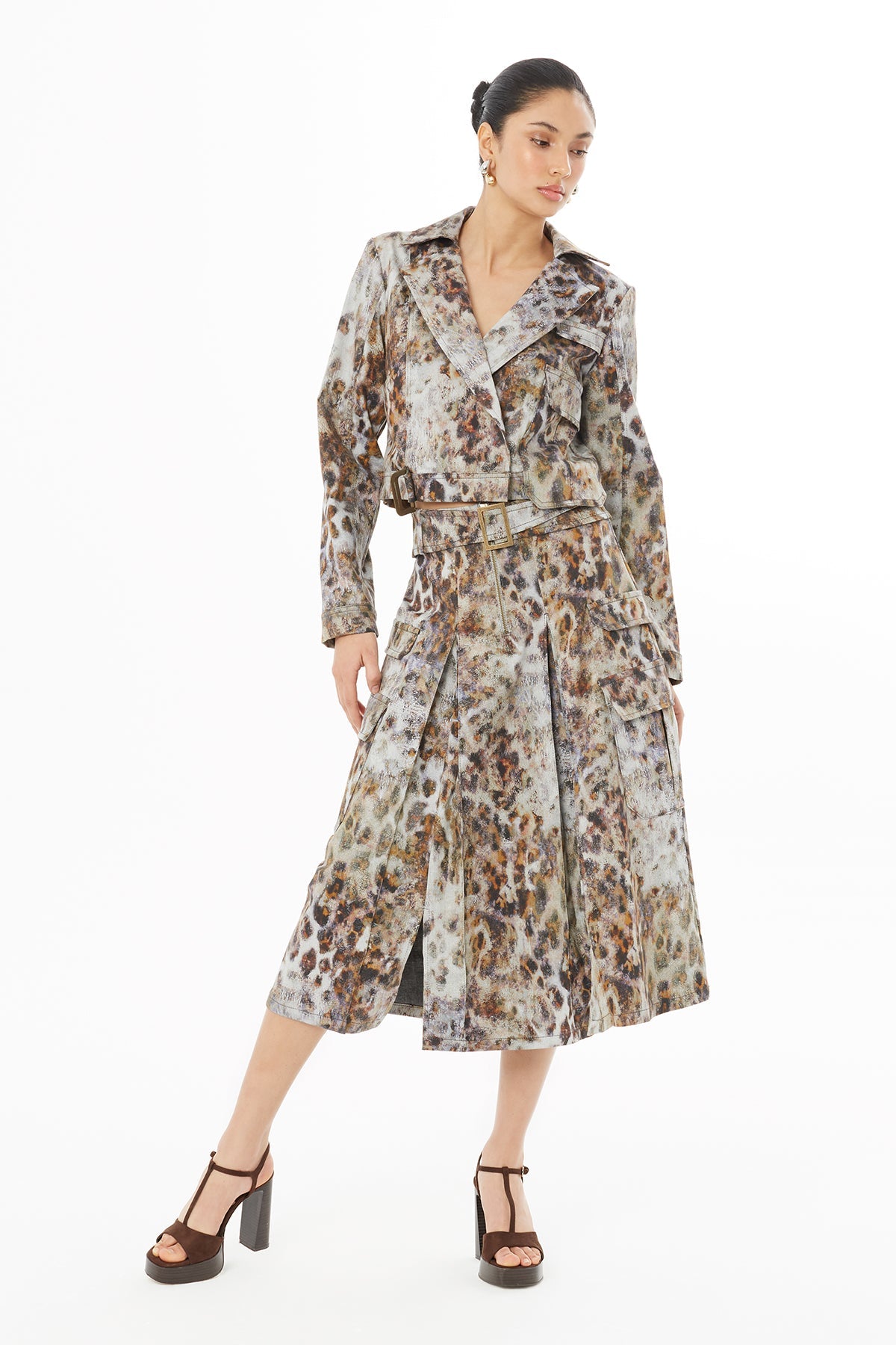 Brown Leopard-Print Midi Skirt