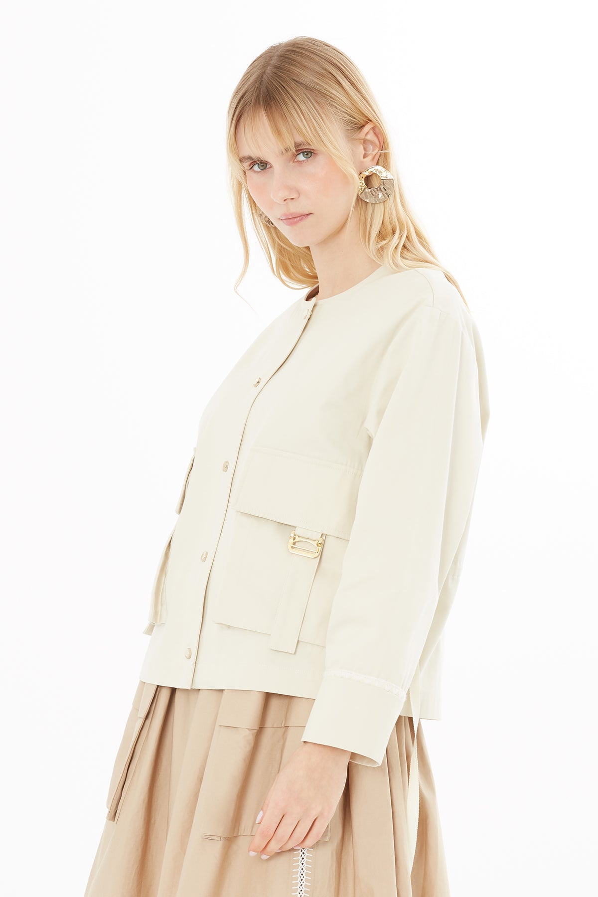 Beige Drawstring-Waist Jacket