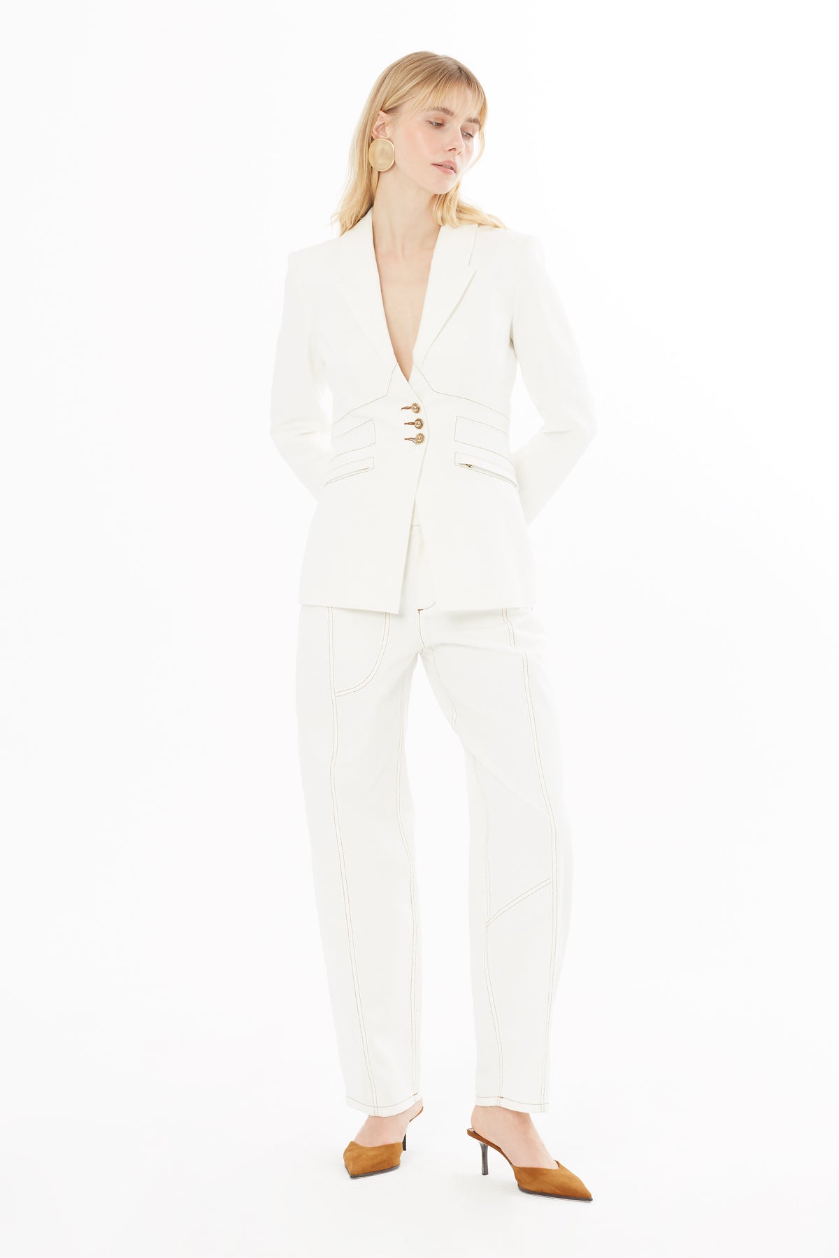 Ecru Double-Breasted Contrast-Stitch Jacket