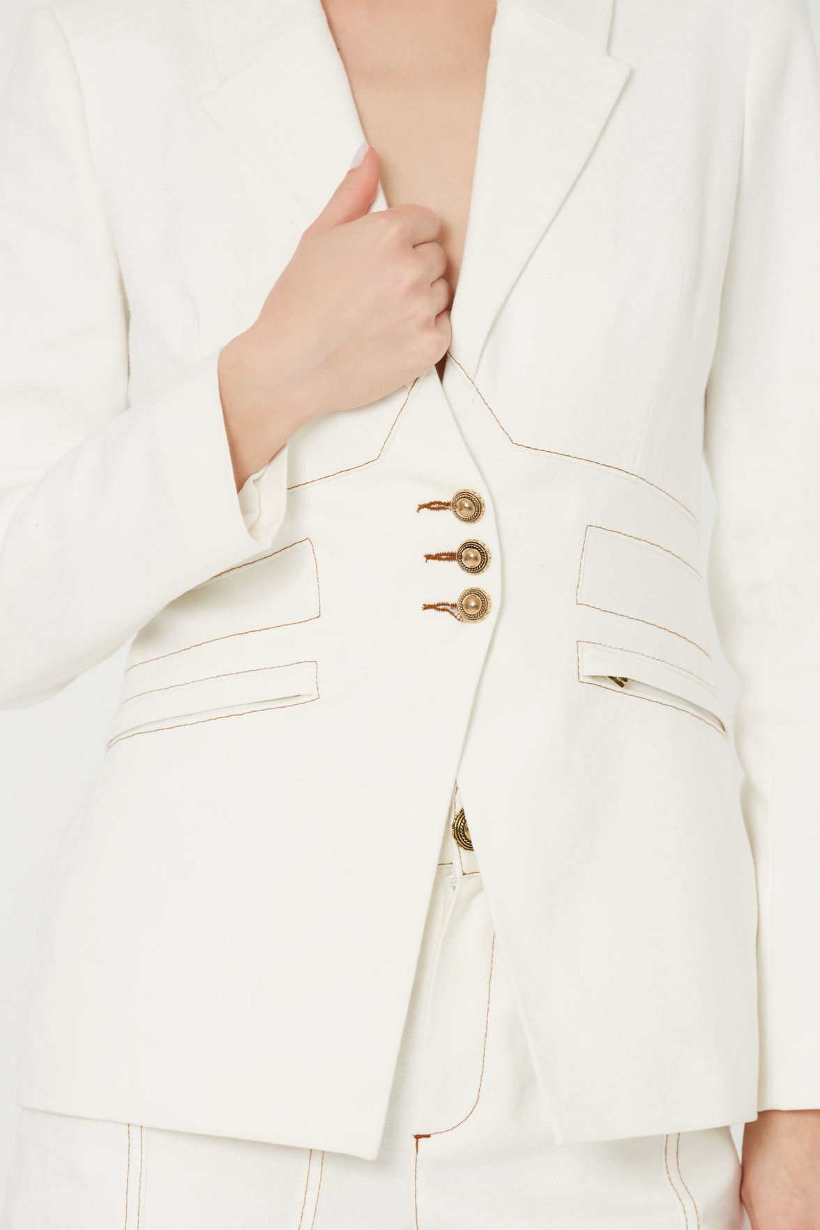 Ecru Double-Breasted Contrast-Stitch Jacket