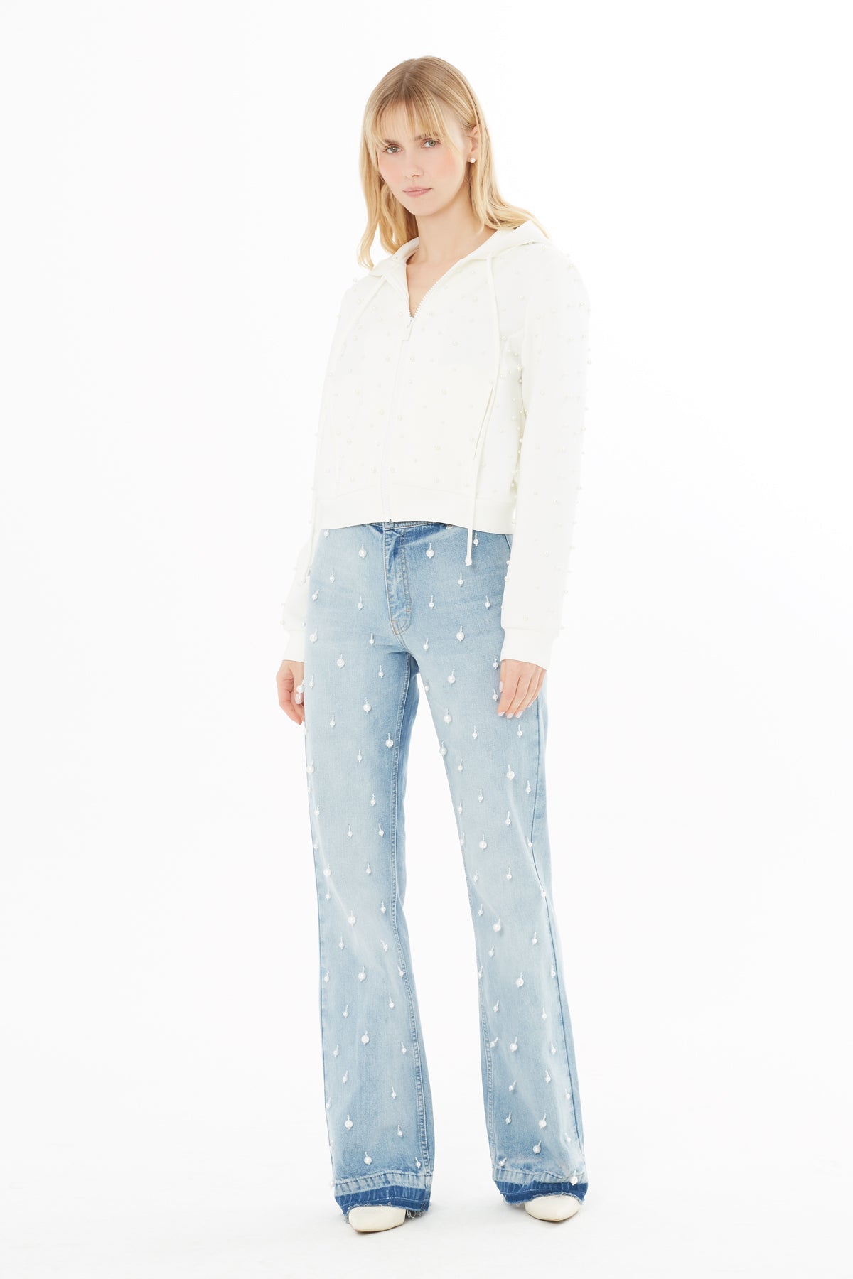 Ecru Pearl-Detail Sweatshirt