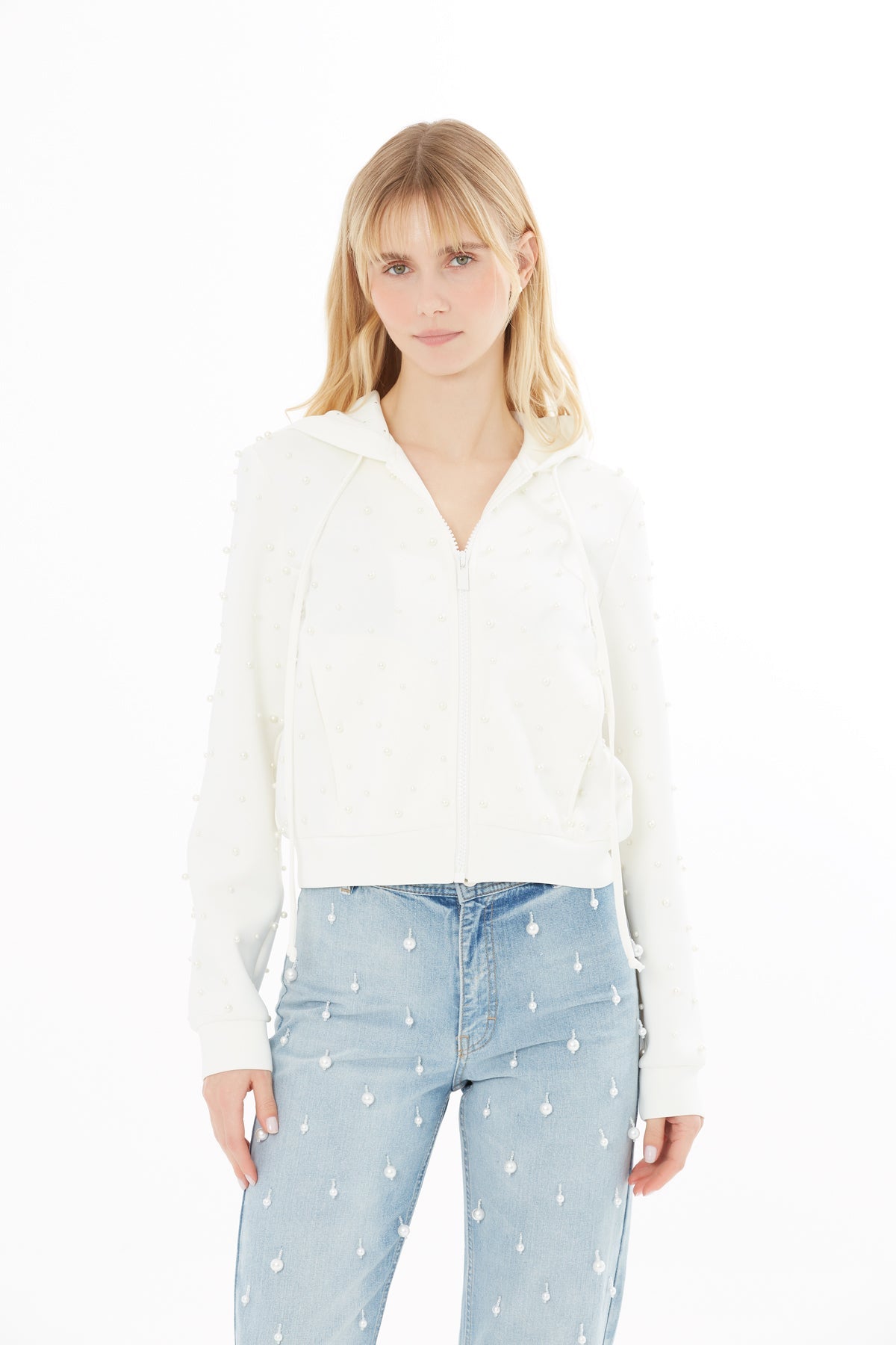 Ecru Pearl-Detail Sweatshirt