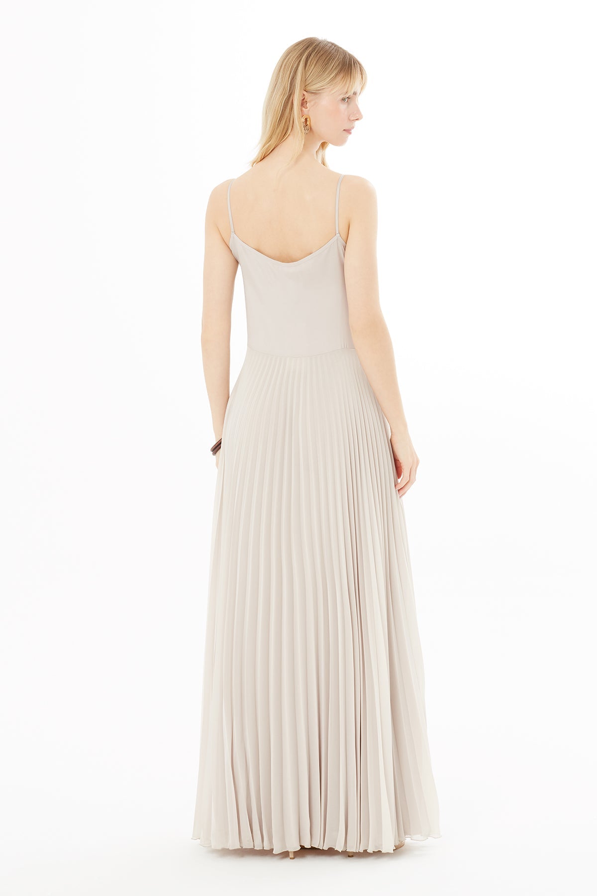 Beige Thin-Strap Pleated Maxi Dress