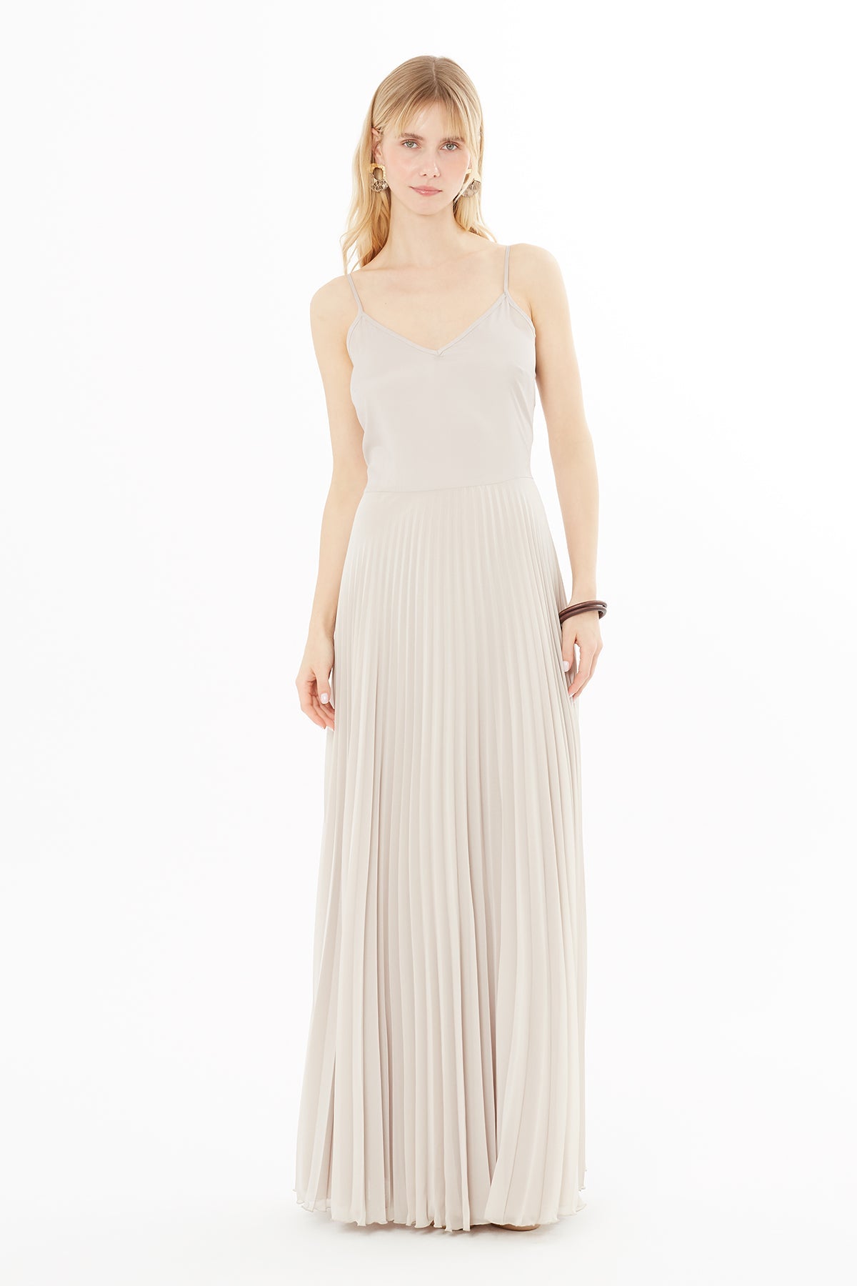 Beige Thin-Strap Pleated Maxi Dress