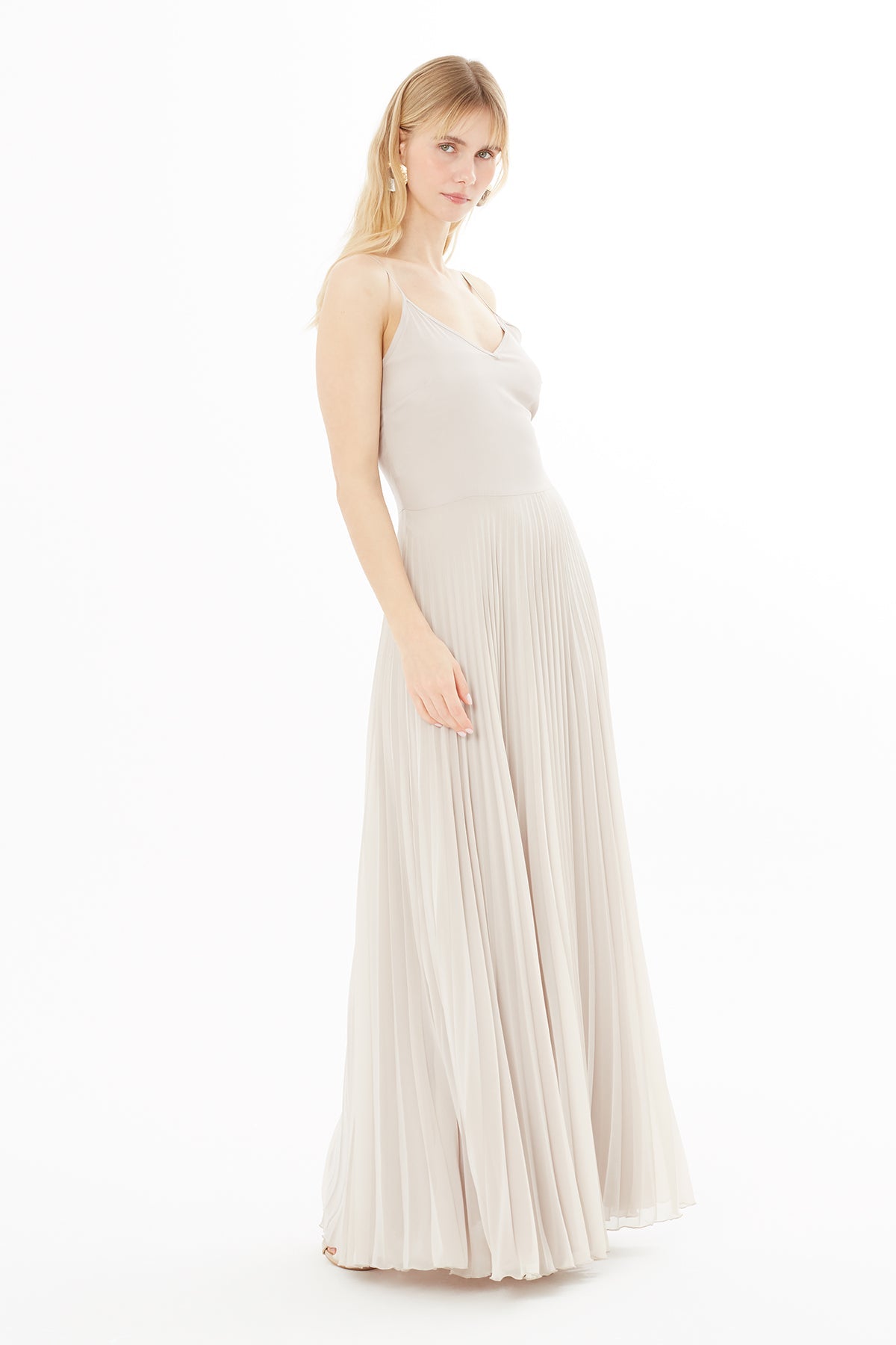 Beige Thin-Strap Pleated Maxi Dress
