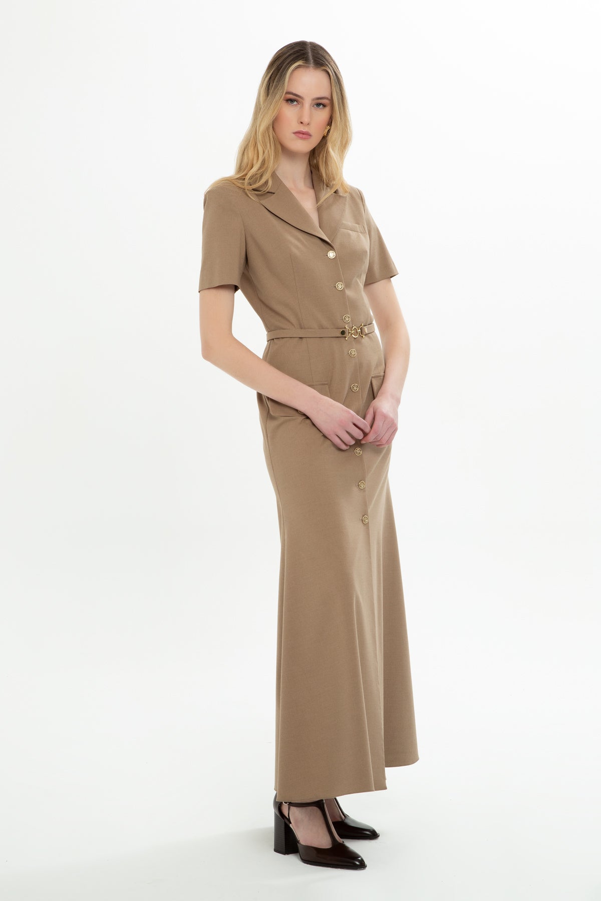 Beige Long Dress with Jacket Collar