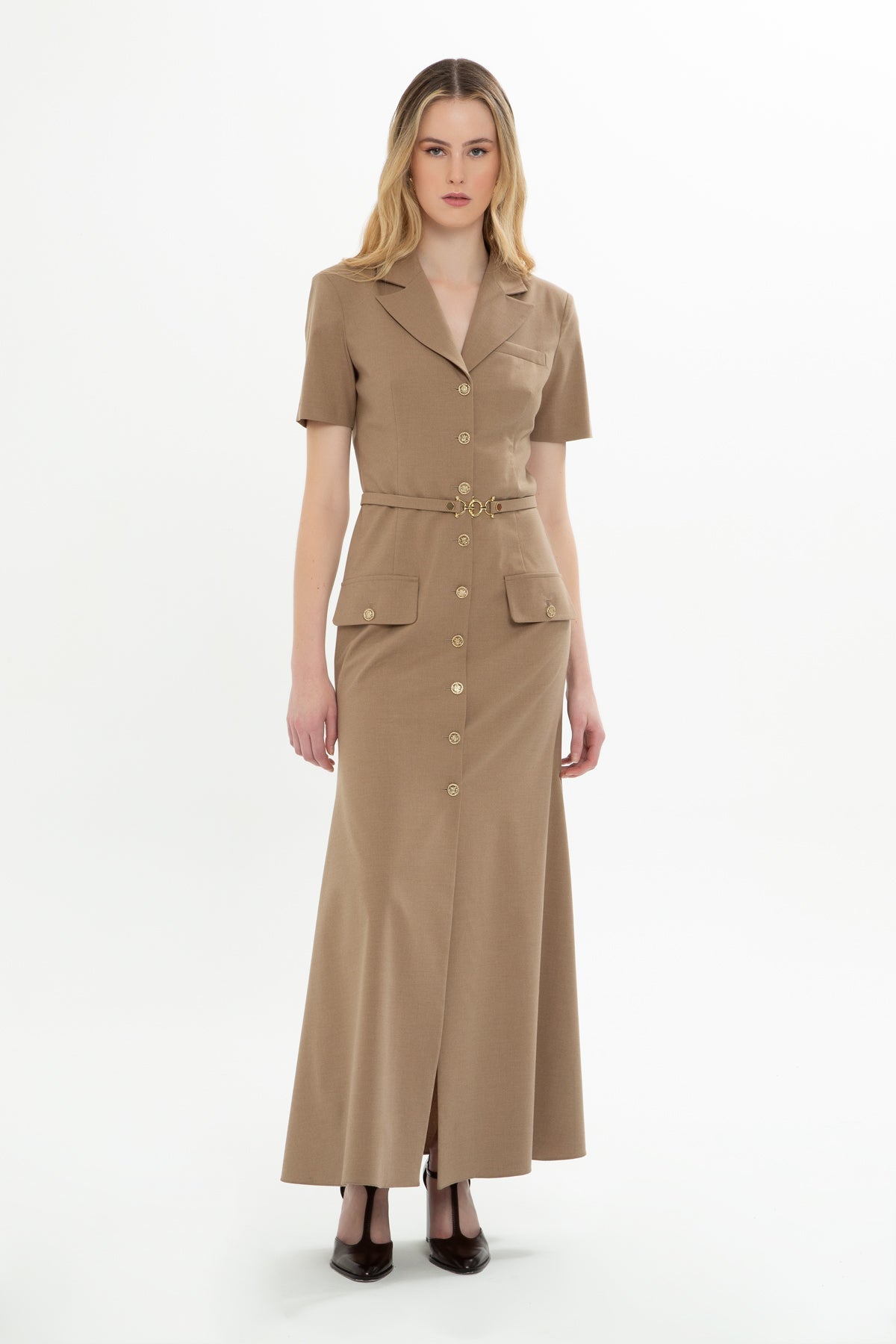 Beige Long Dress with Jacket Collar