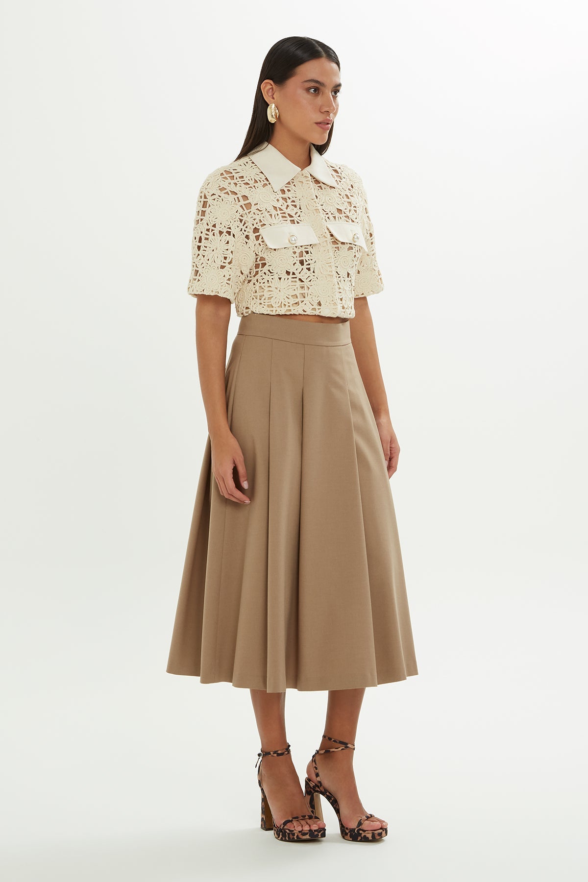 Beige Pleated Midi Skirt