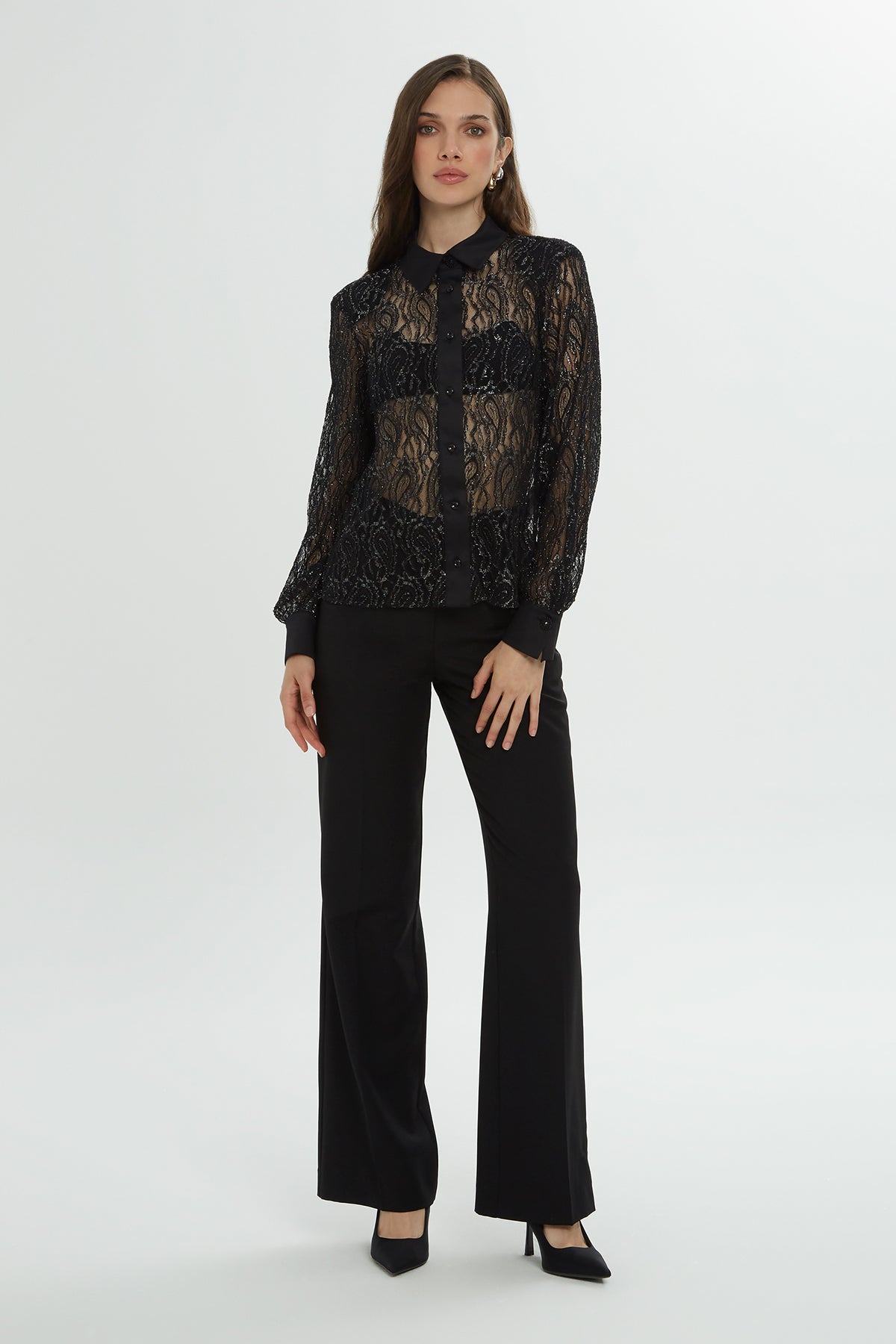 Black Textured Pattern Sheer Shirt