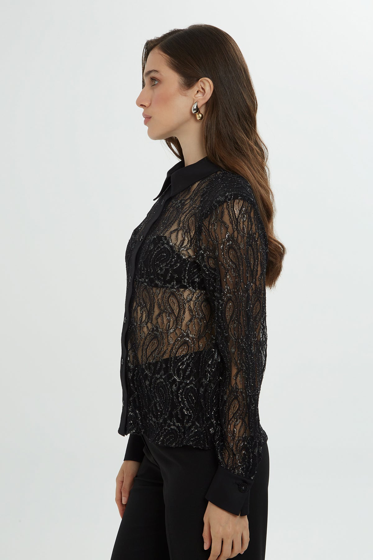 Black Textured Pattern Sheer Shirt