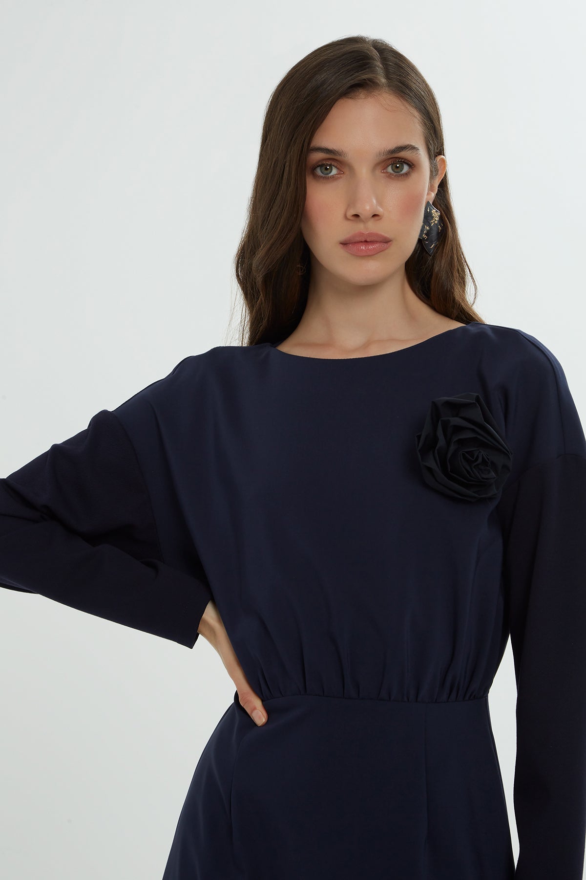 Navy Long Dress with Ruffle Details