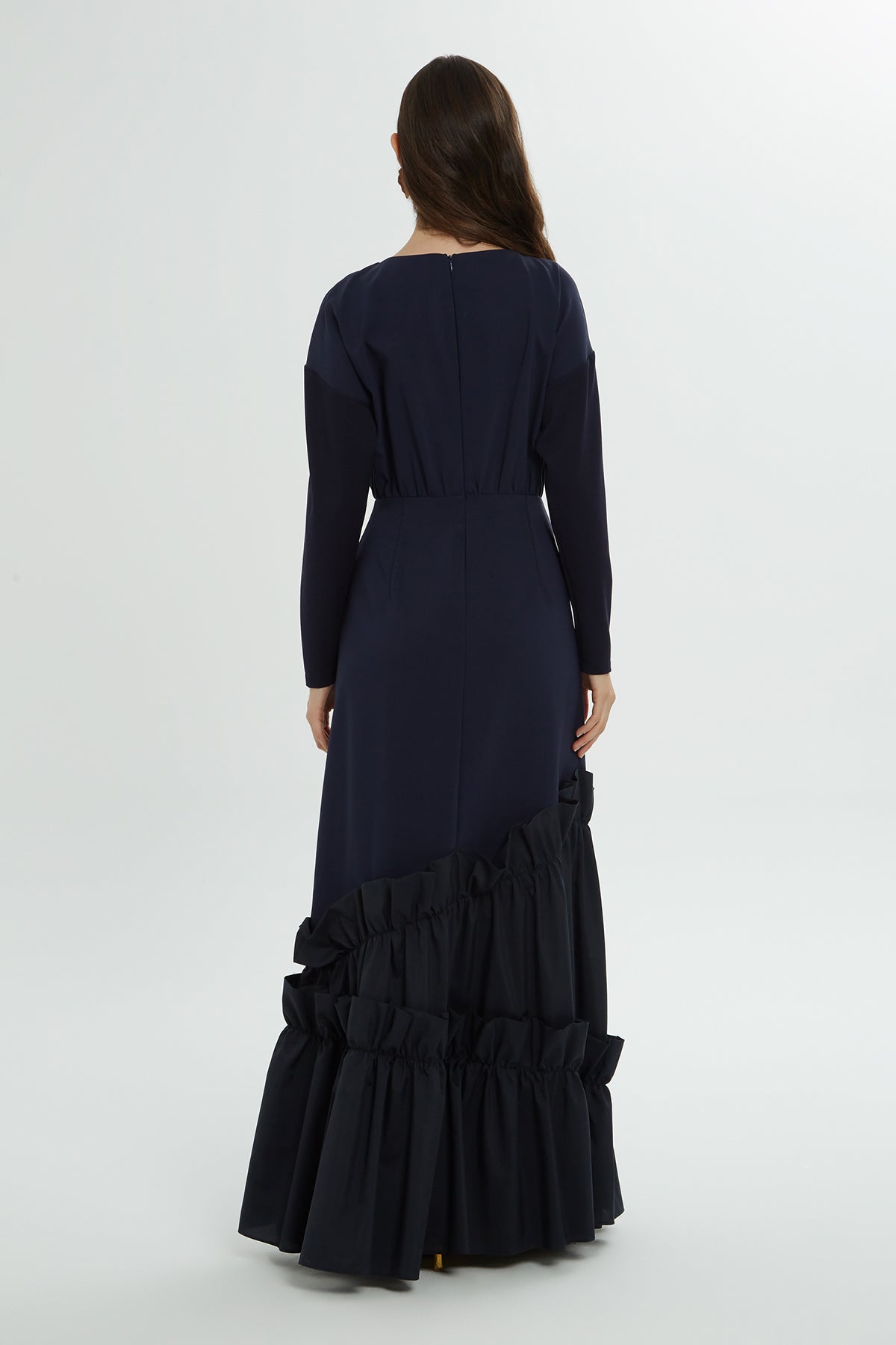 Navy Long Dress with Ruffle Details