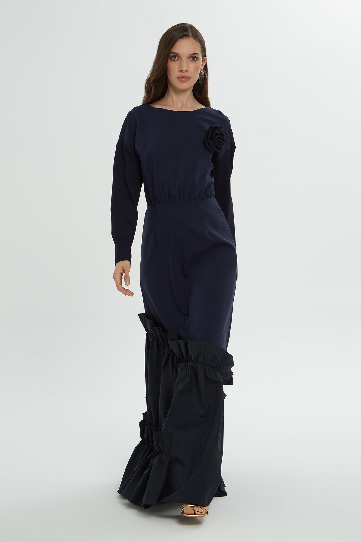 Navy Long Dress with Ruffle Details