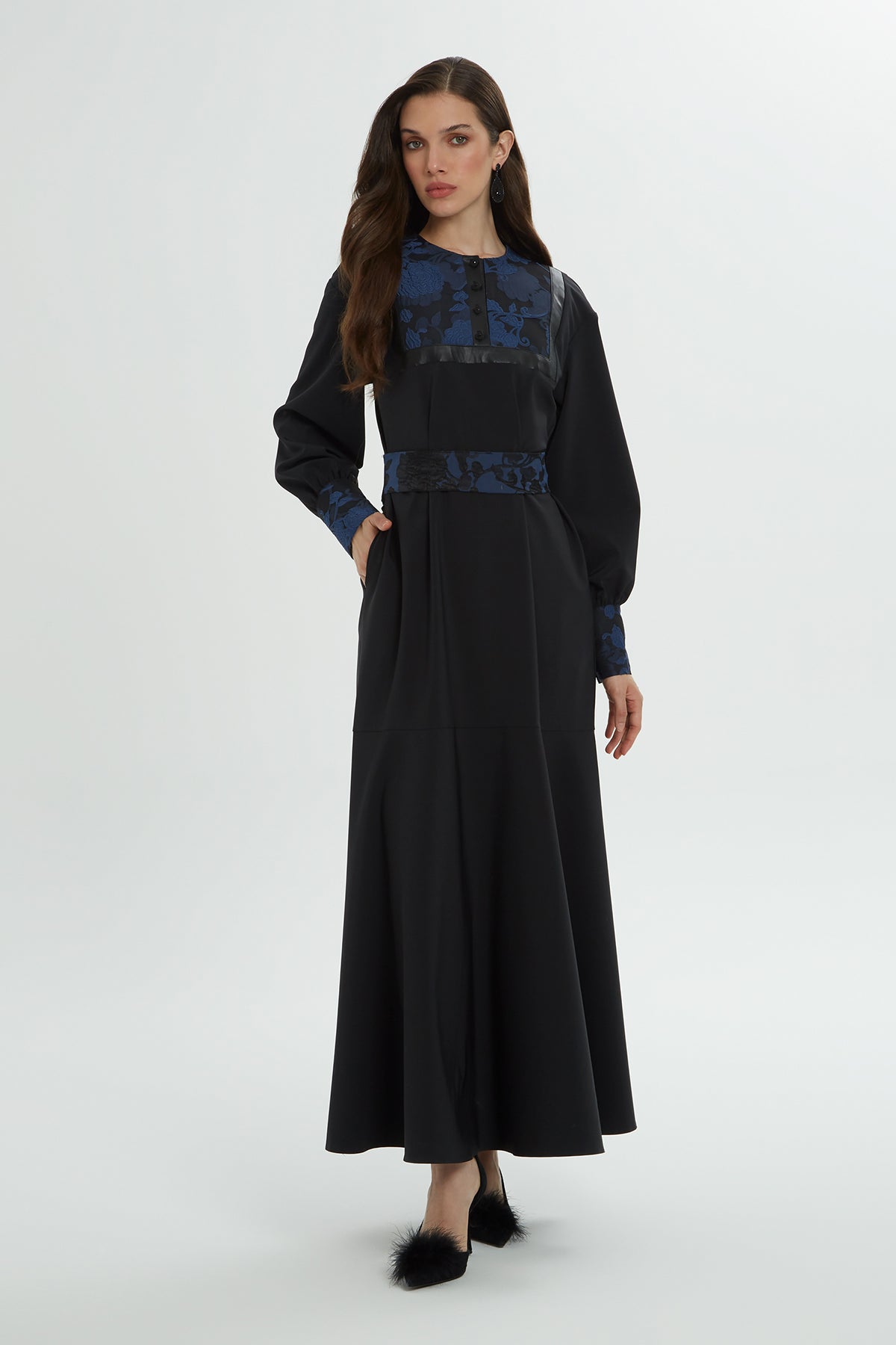 Black Long Dress with Printed Detail