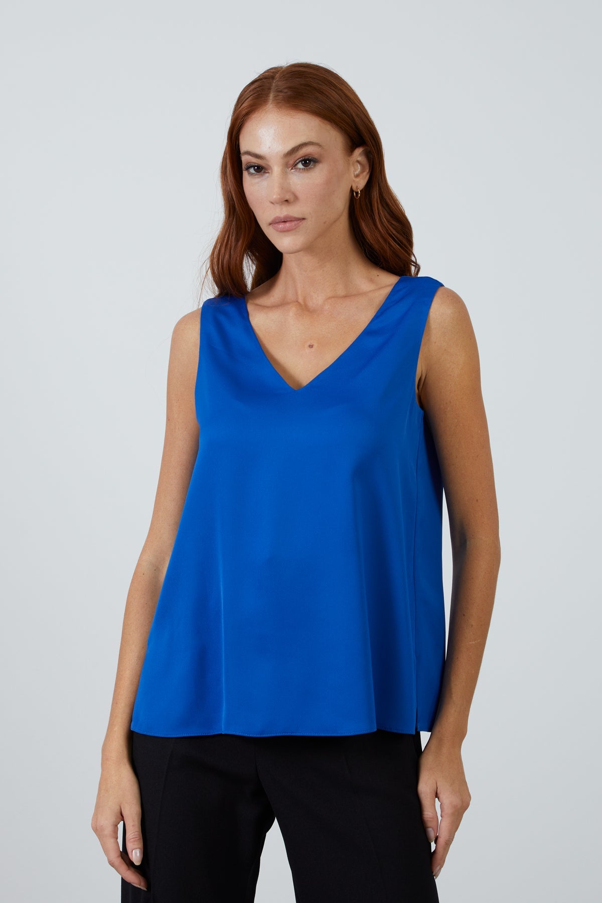 Olive Satin Sleeveless Blouse with V-Neck