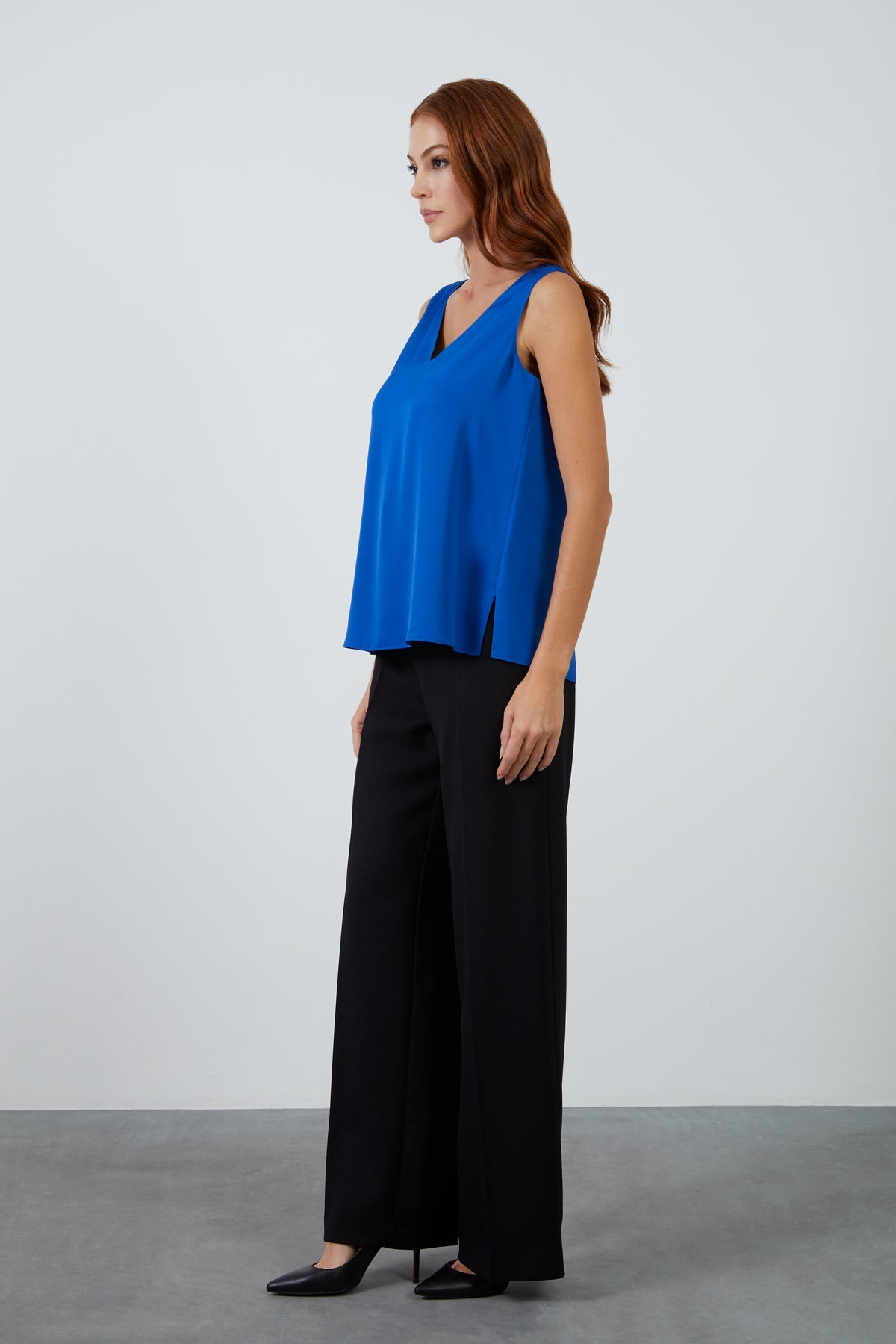 Olive Satin Sleeveless Blouse with V-Neck