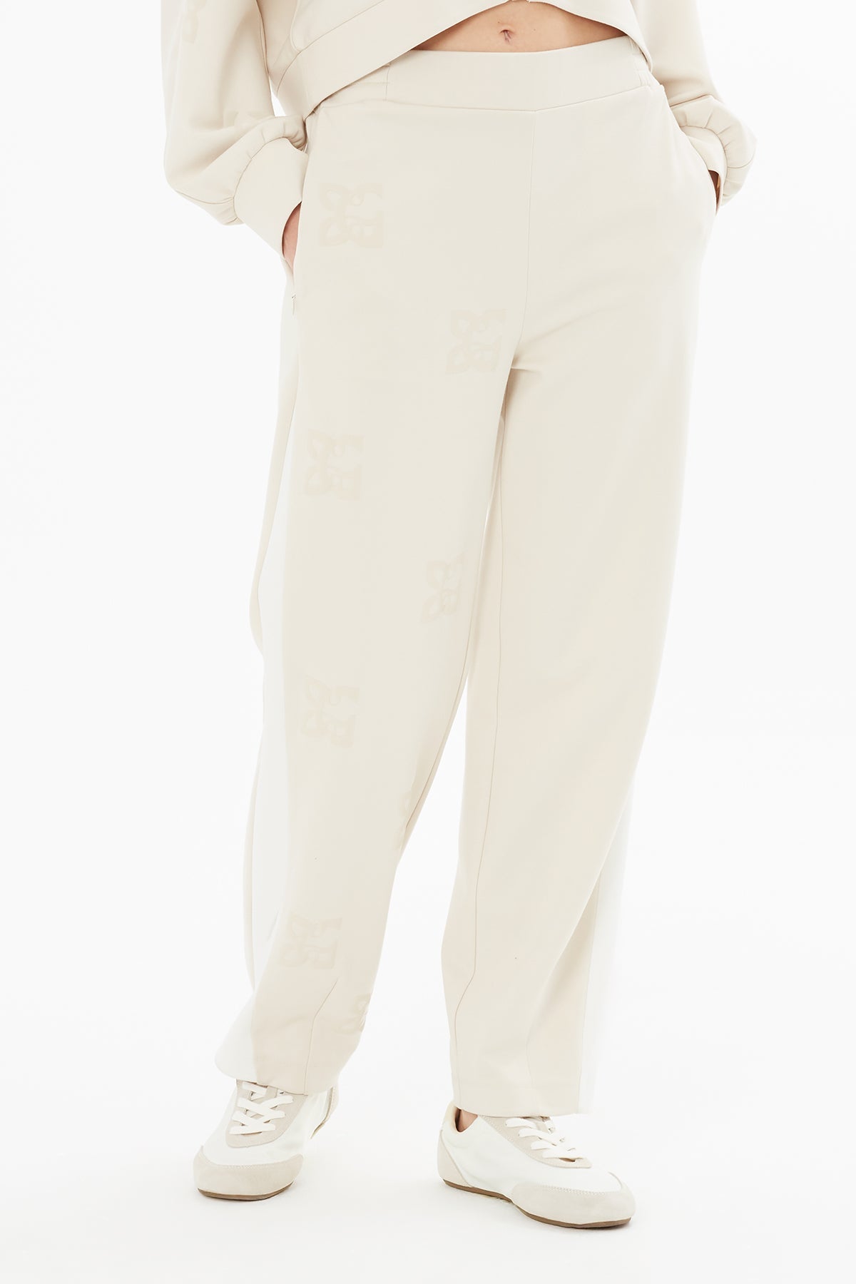 Beige Printed Wide-Leg Sweatpants
