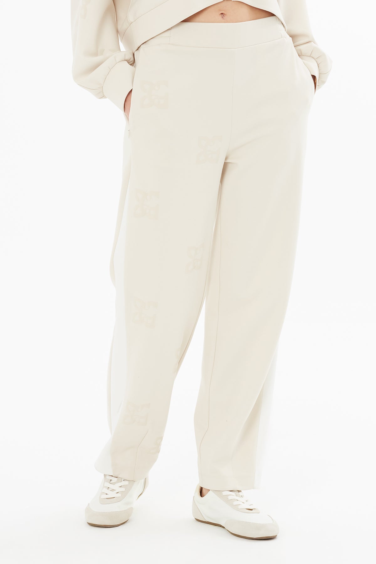 Beige Printed Wide-Leg Sweatpants