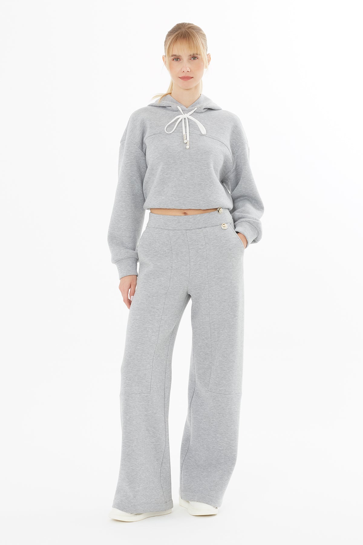 Grey Elastic-Waist Wide-Leg Sweatpants