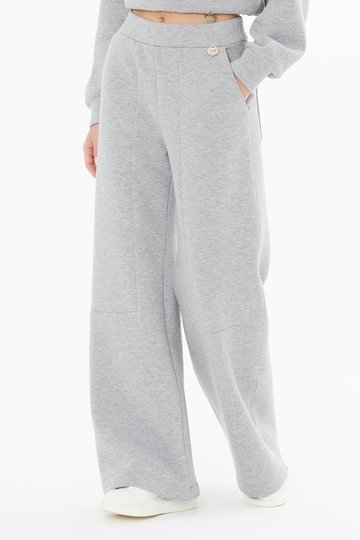 Grey Elastic-Waist Wide-Leg Sweatpants