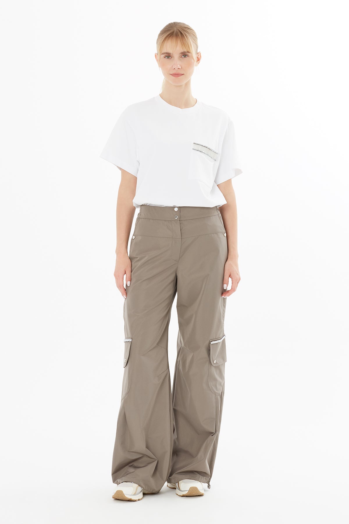 Grey Wide-Leg Snap-Button Pocketed Sweatpants