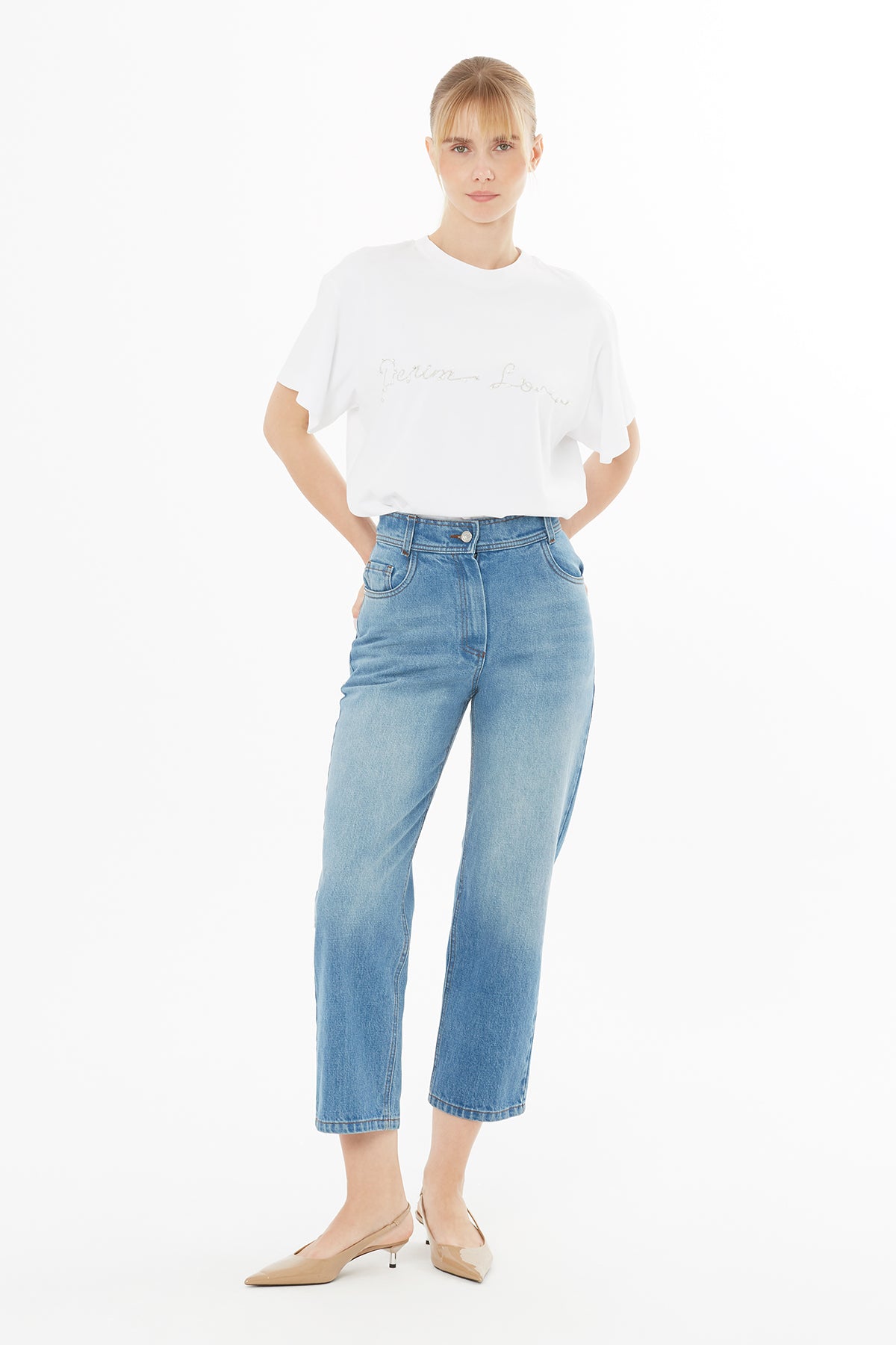 Navy Rivet-Detail High-Waist Jeans