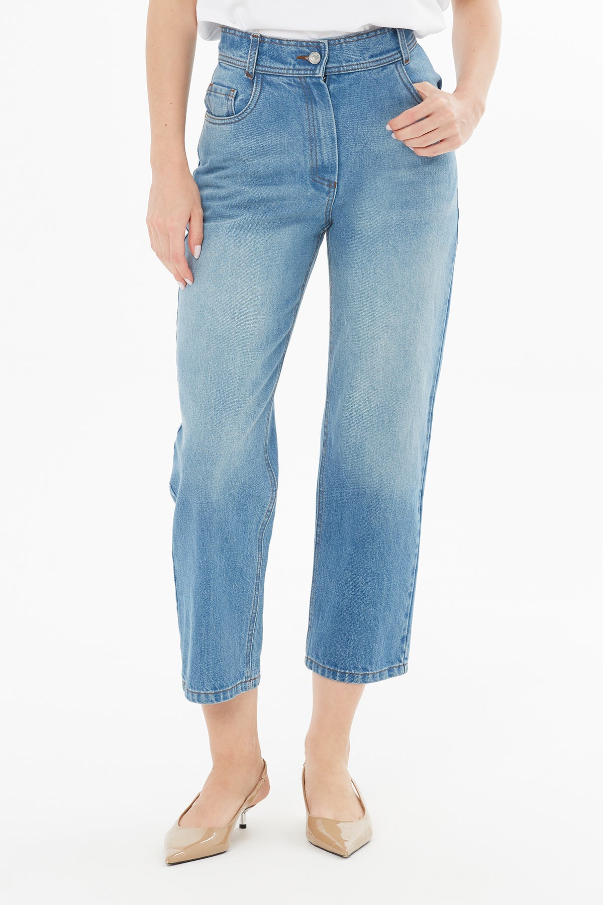 Navy Rivet-Detail High-Waist Jeans