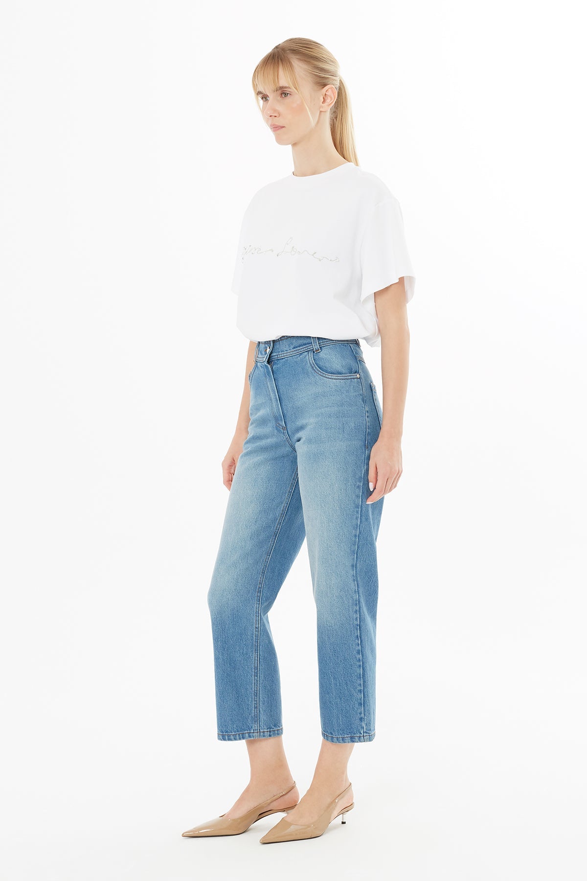 Navy Rivet-Detail High-Waist Jeans