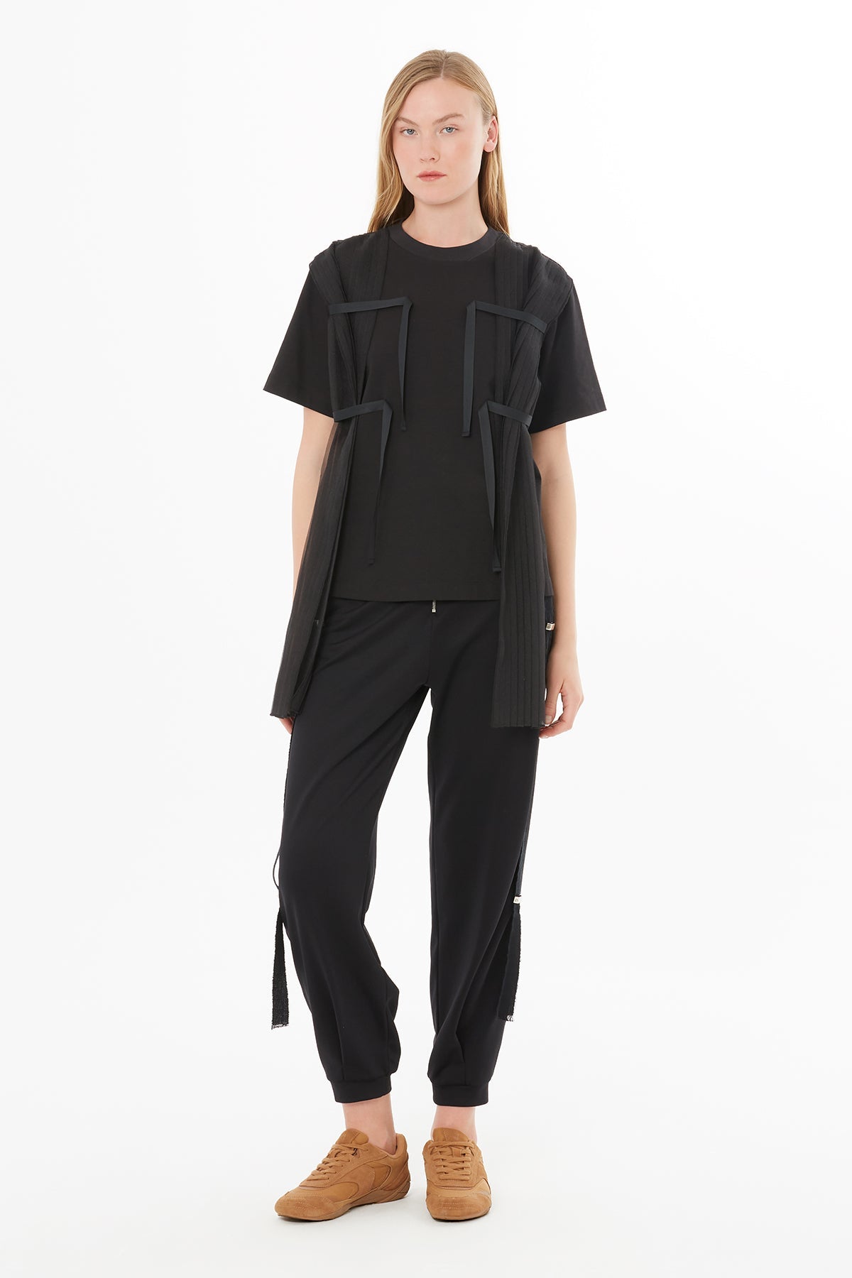 Black T-Shirt with Sheer Pleat Detail