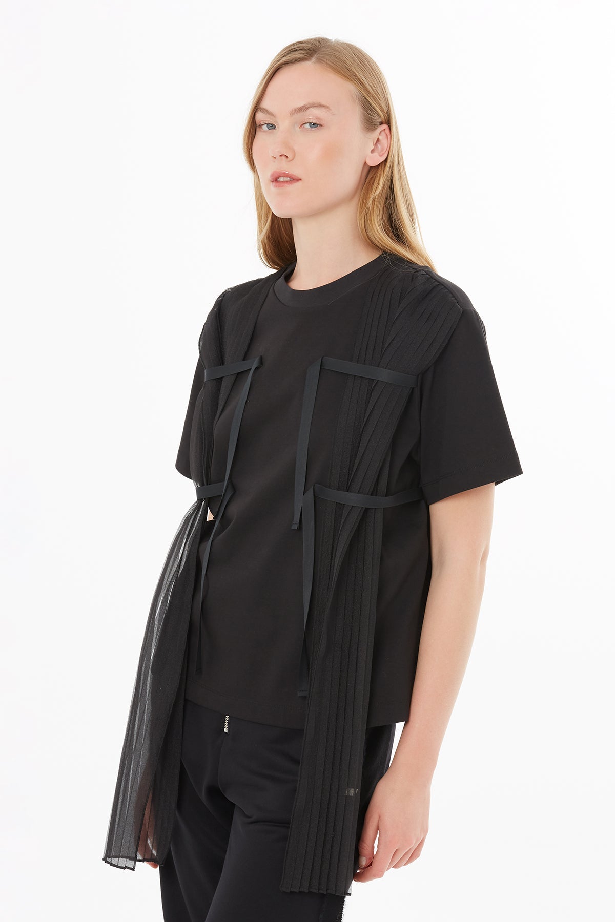 Black T-Shirt with Sheer Pleat Detail