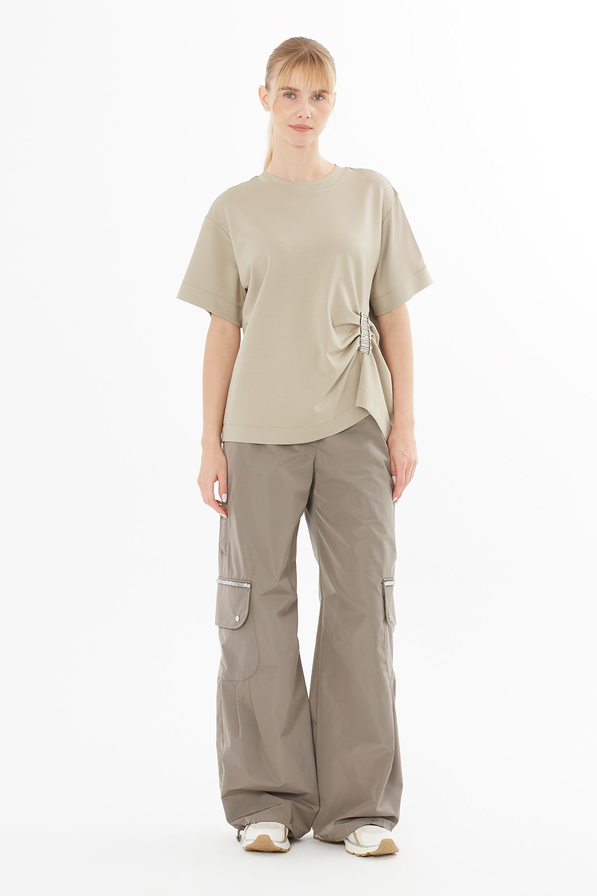 Beige T-Shirt with Embroidered Waist Detail