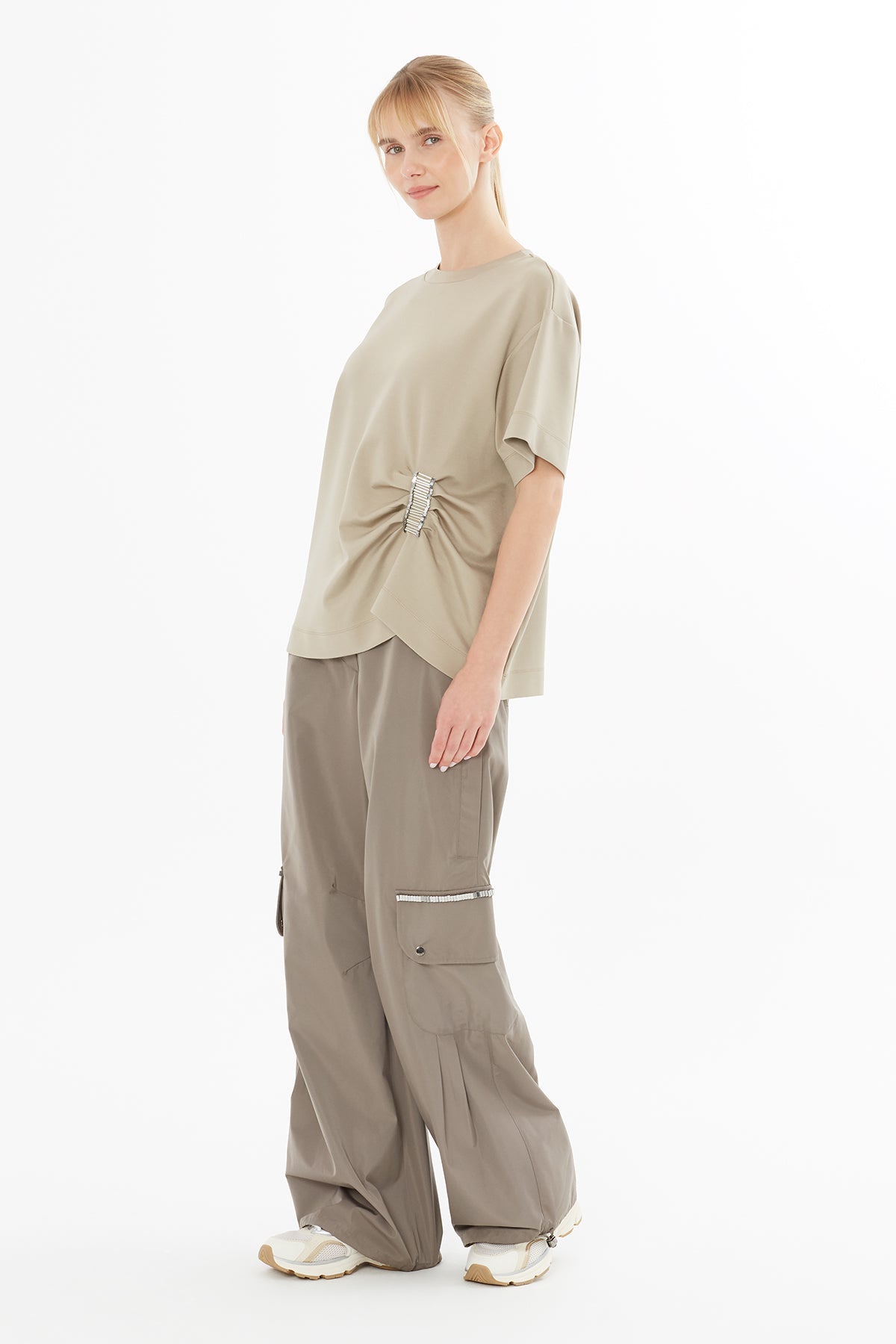 Beige T-Shirt with Embroidered Waist Detail