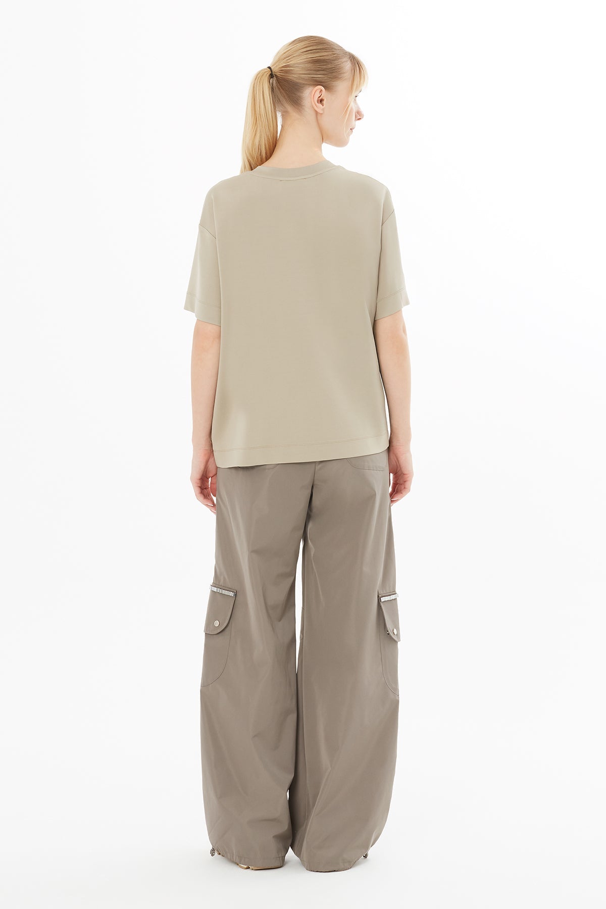 Beige T-Shirt with Embroidered Waist Detail