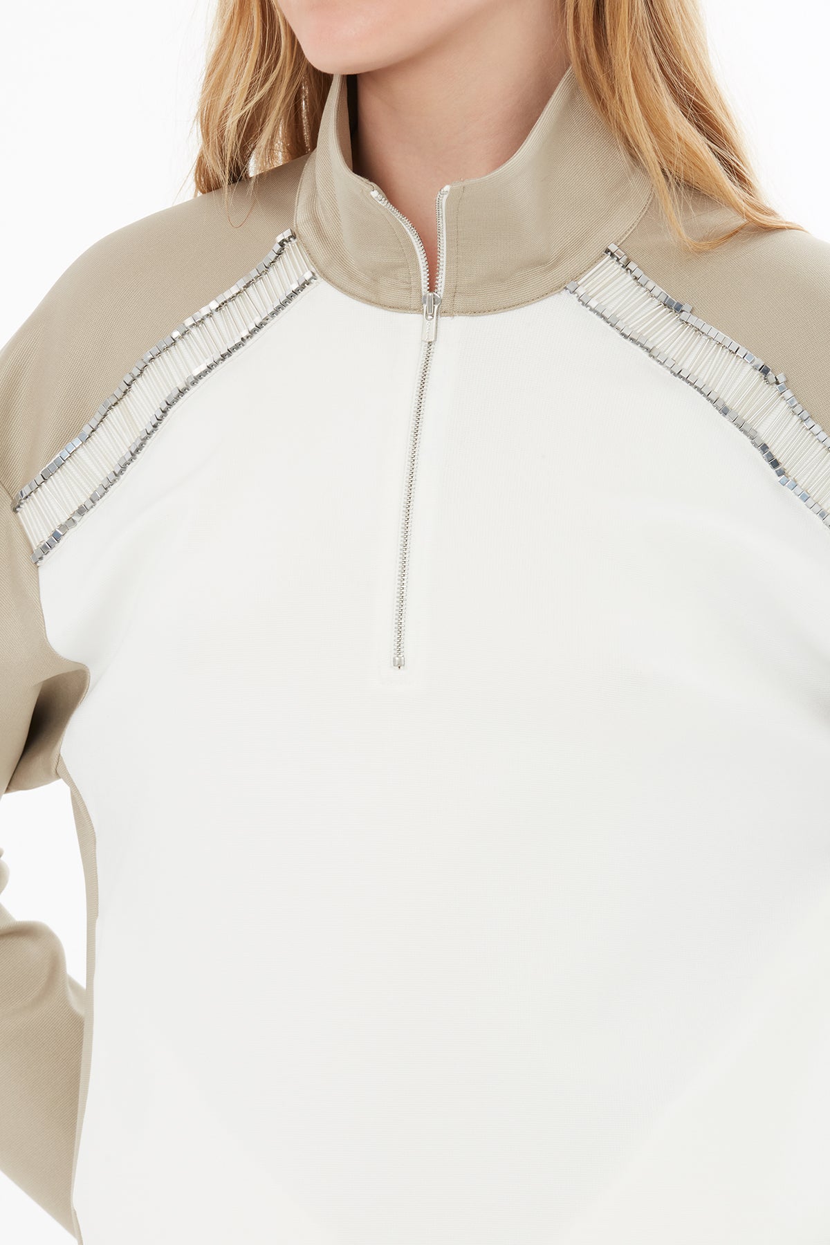 Beige High-Neck Blouse with Zipper