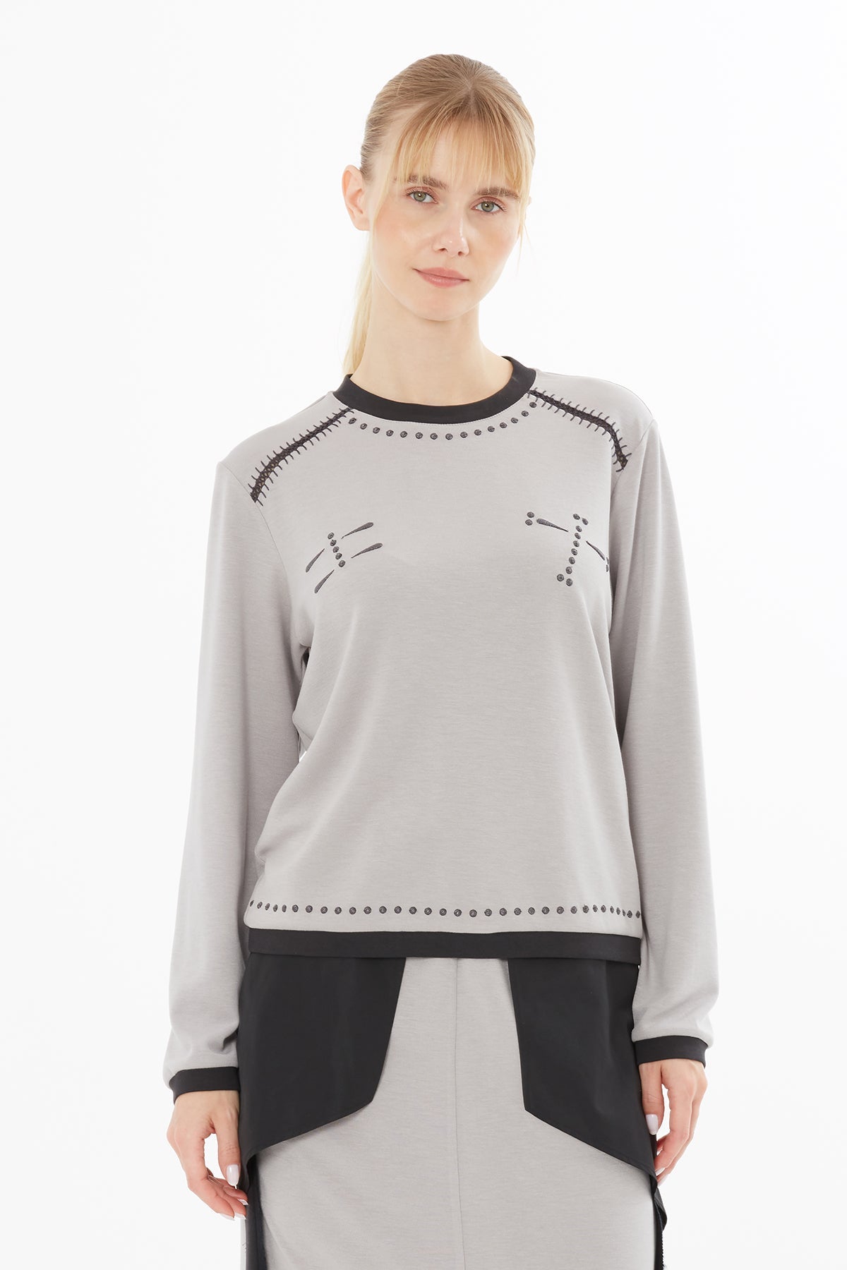 Grey Blouse with Stitching Detail