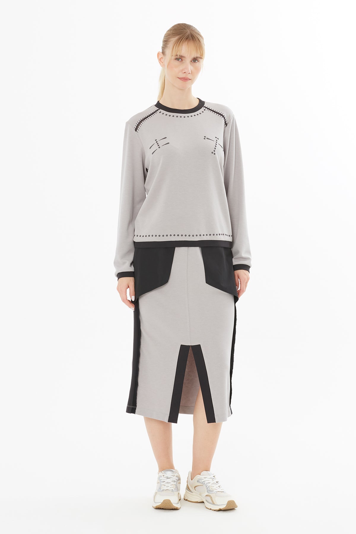 Grey Blouse with Stitching Detail