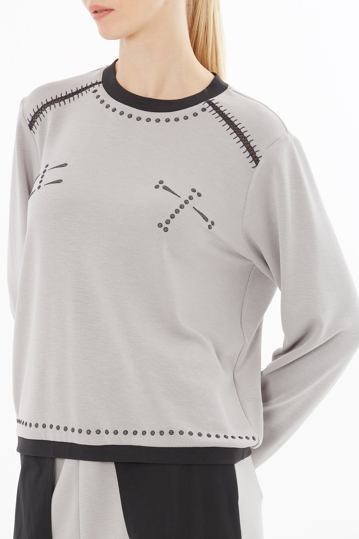 Grey Blouse with Stitching Detail