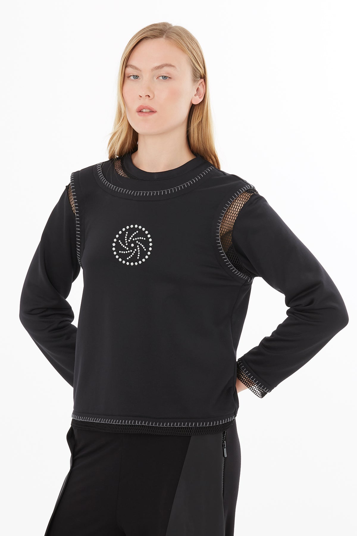 Black Blouse with Sheer Stitching Details