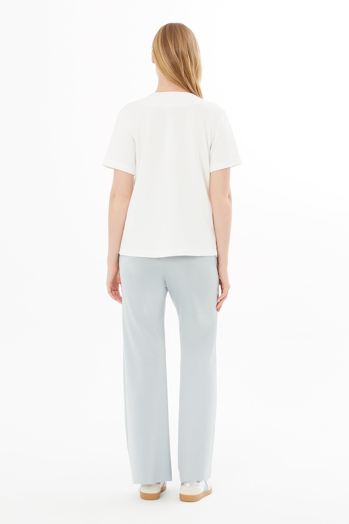 Ecru V-Neck T-Shirt with Embroidered Detail