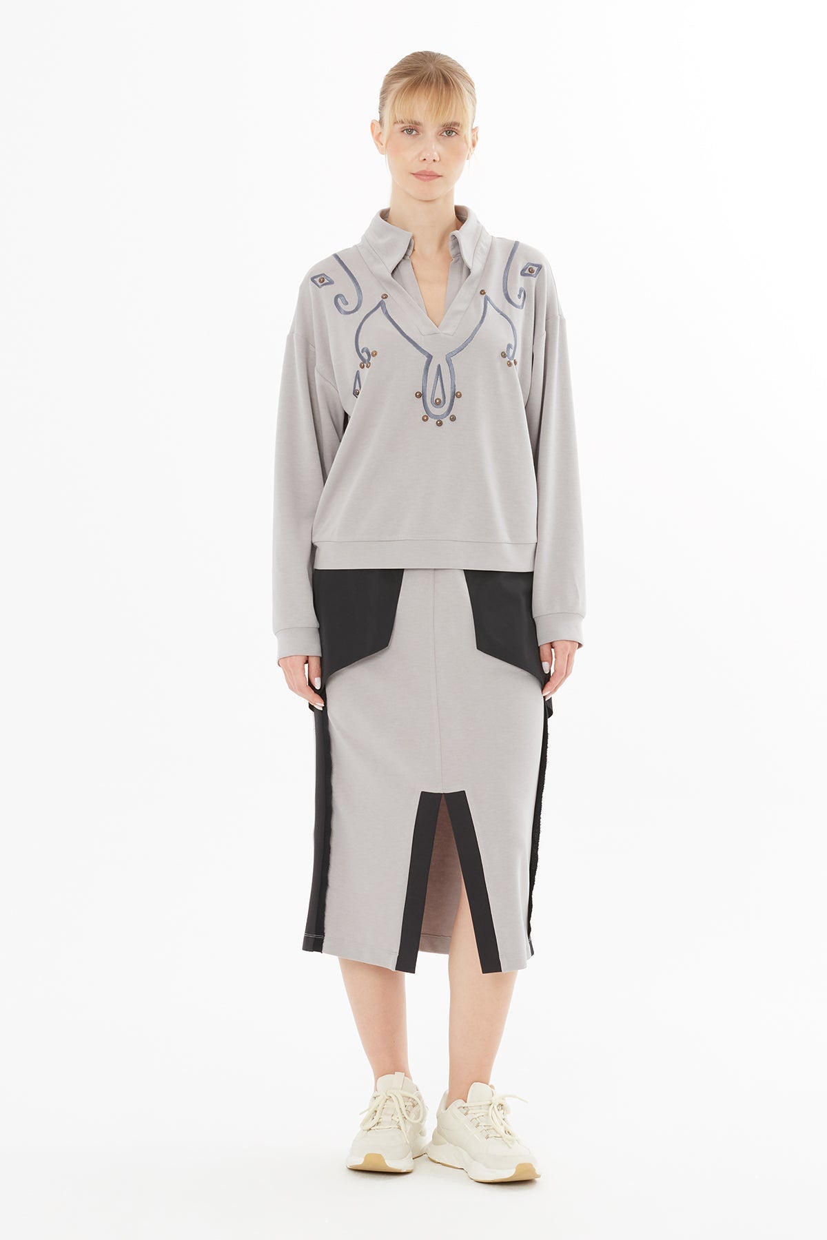 Grey Blouse with Embroidery Details