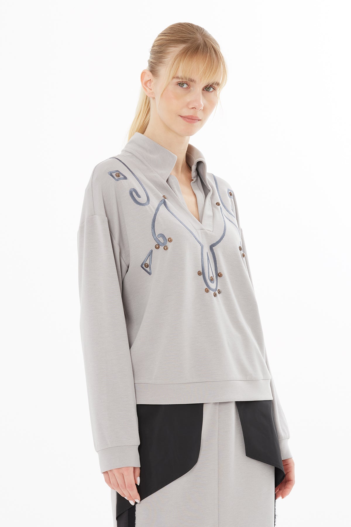 Grey Blouse with Embroidery Details