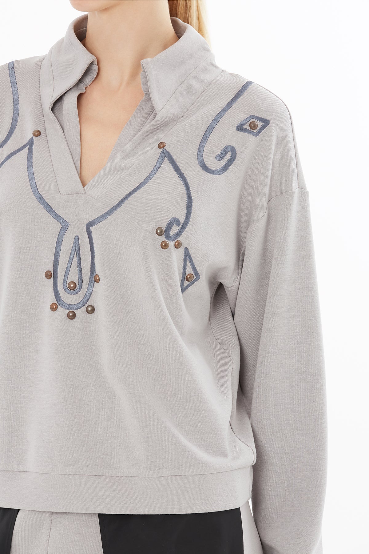 Grey Blouse with Embroidery Details